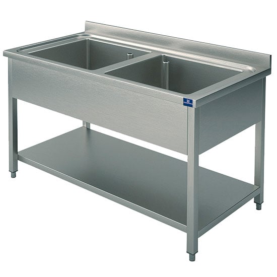 Sink unit, 2 sinks, on legs, with lower shelf, 1000x700 mm