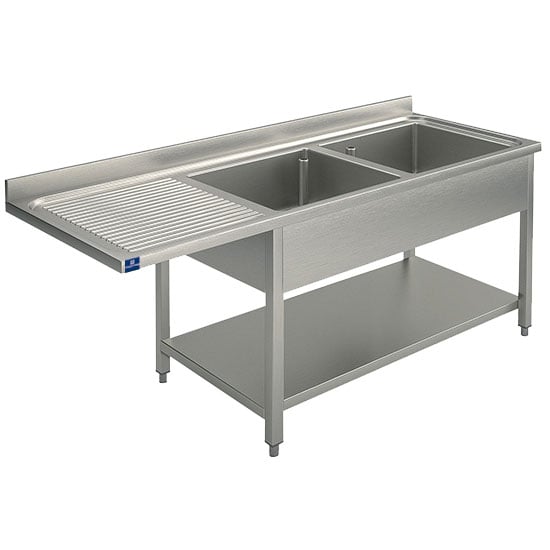 sink unit on legs with lower shelf for built-in dishwasher, 2 right sinks, 2000x600 mm