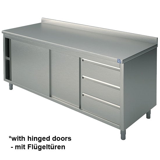 Neutral work cupboard with drawer unit on the right side, with 2 hinged doors and upstand, 1200x600 mm