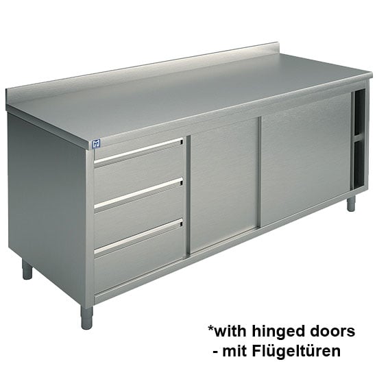 Neutral work cupboard with drawer unit on the left side, with 2 hinged doors and upstand, 1200x600 mm