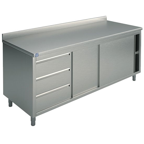 Neutral work cupboard with drawer unit on the left side, with sliding doors and upstand, 1700x700 mm