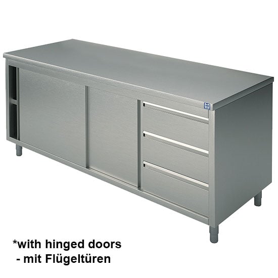 Neutral work cupboard with drawer unit on the right side, with 2 hinged doors, without upstand, 1200x600 mm