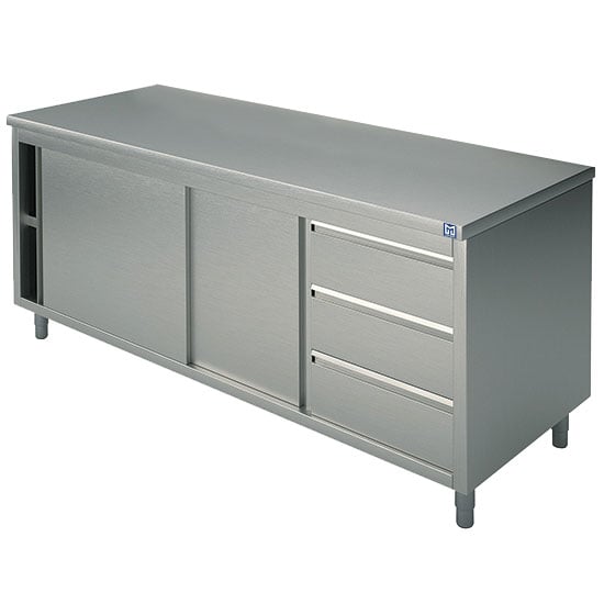 Neutral work cupboard with drawer unit on the right side, with sliding doors, without upstand, 1700x700 mm