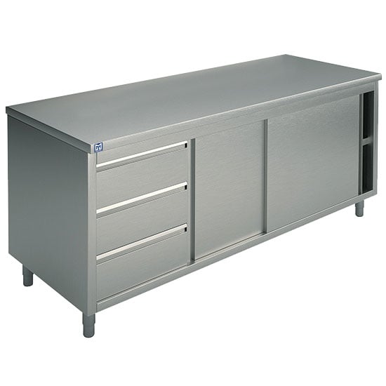 Neutral work cupboard with drawer unit on the left side, with sliding doors, without upstand, 1500x700 mm