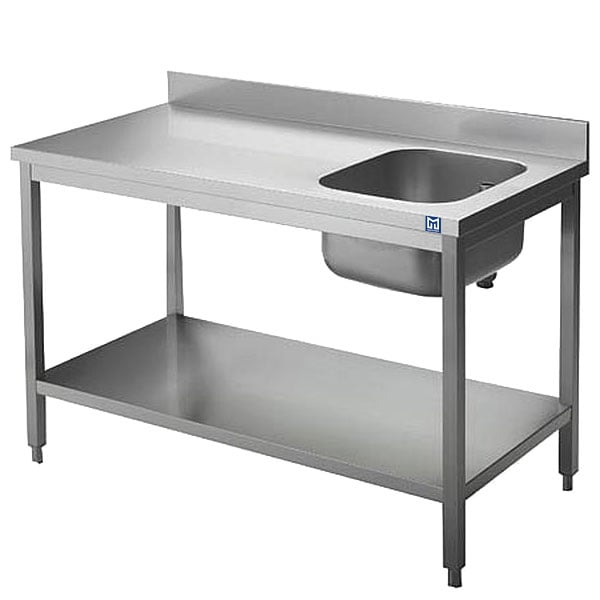 Work table with sink on the right, with shelf and upstand, 1000x600 mm