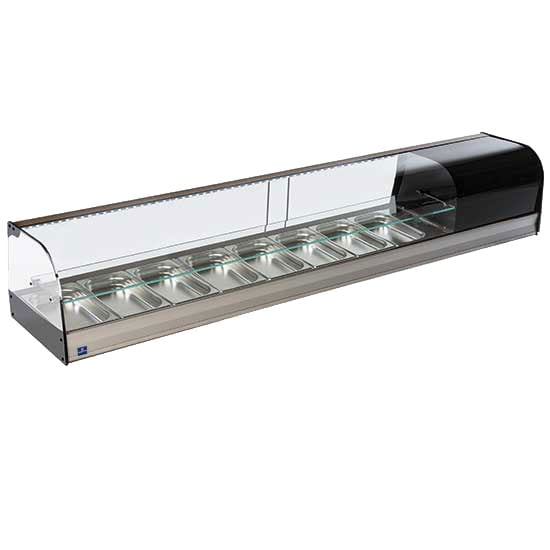 Tapas cooler display with curved glass front and 1 glass shelf, 8x GN 1/3 h=40 mm