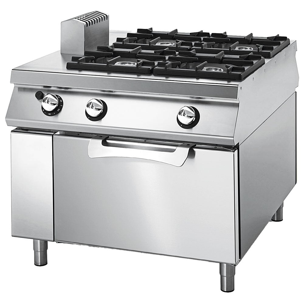 Aragaz pe gaz Virtus VS110100CFG – 4 arzătoare – cuptor static pe gaz și recipiente inox – comenzi pe ambele părți