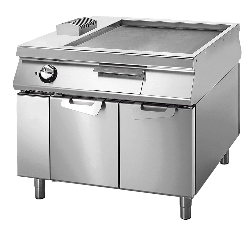 Electric griddle smooth chromed on cabinet with door, two-sided panel control