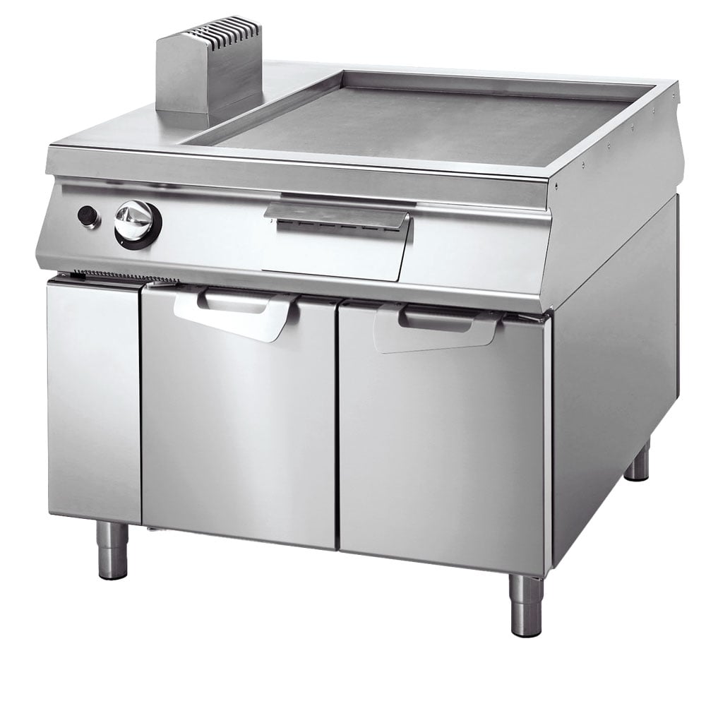 Gas griddle smooth chromed on cabinet with door, two-sided panel control