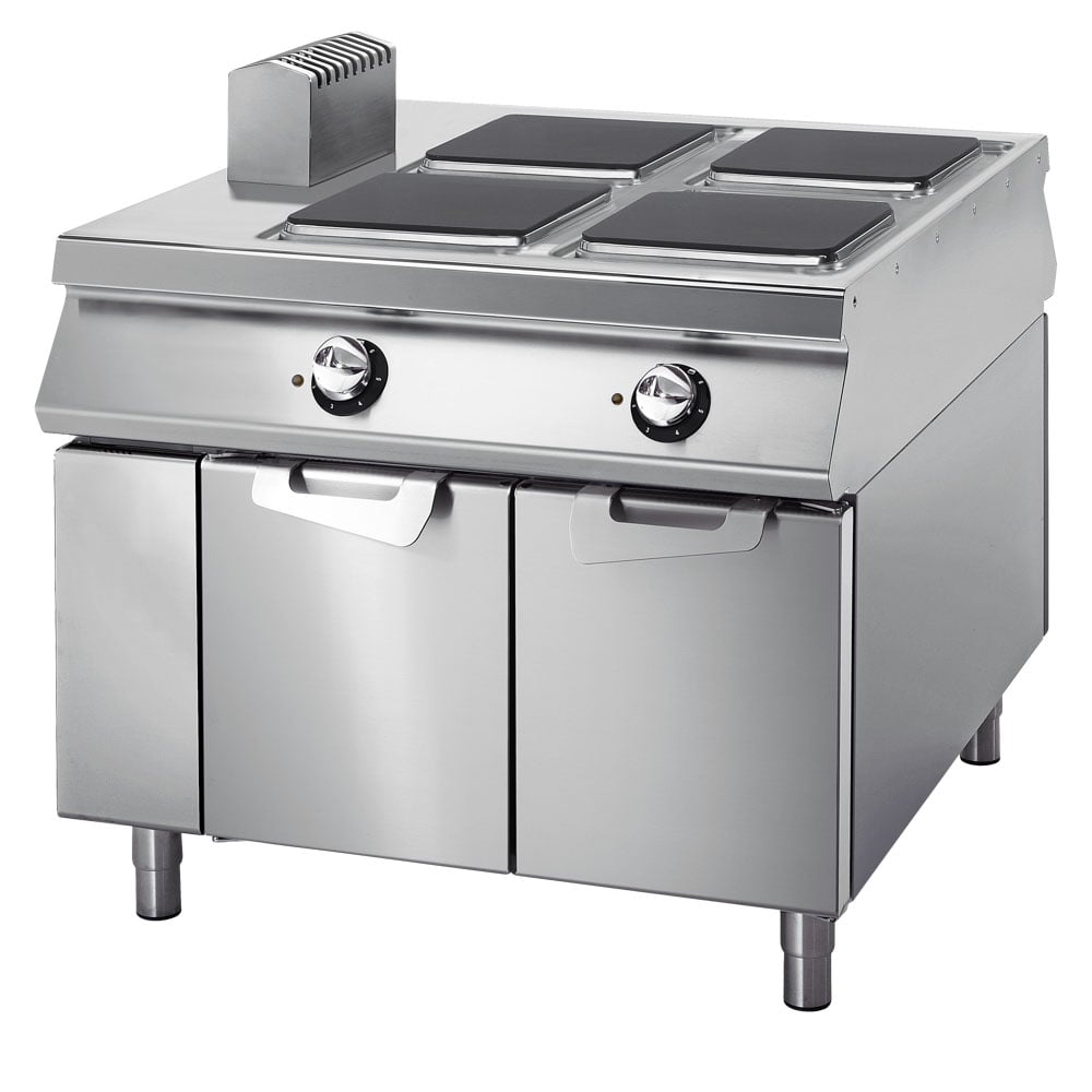 Electric range with 4 squared plates on cabinet with doors,  two-sided panel control