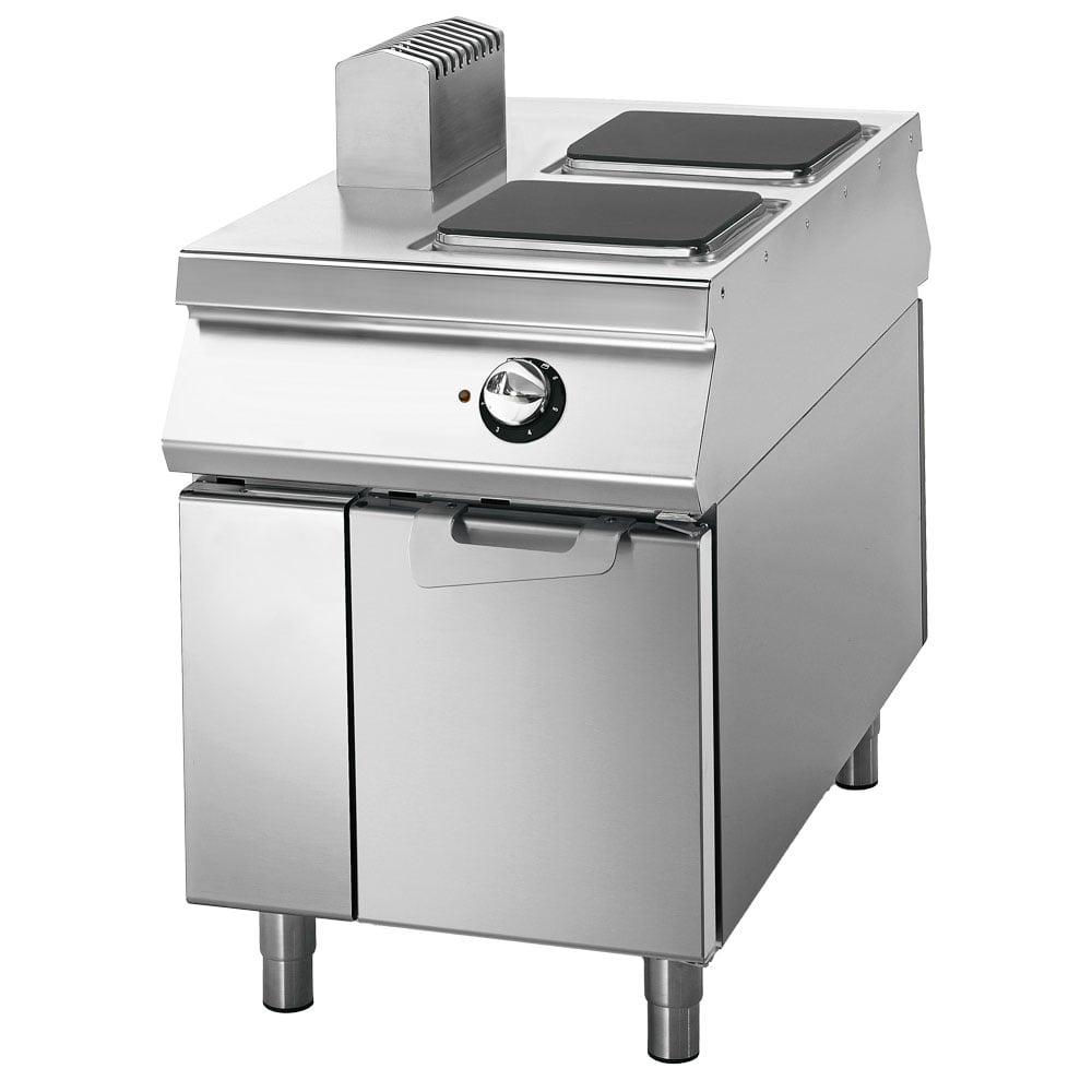 Electric range with 2 squared plates on cabinet with doors,  two-sided panel control