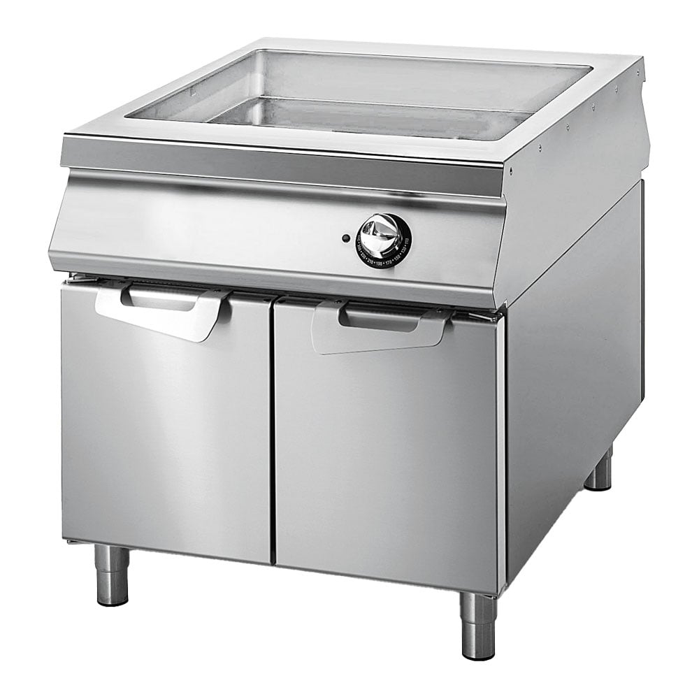 Electric multi-function bratt pan on cabinet with doors, capacity 26 litres