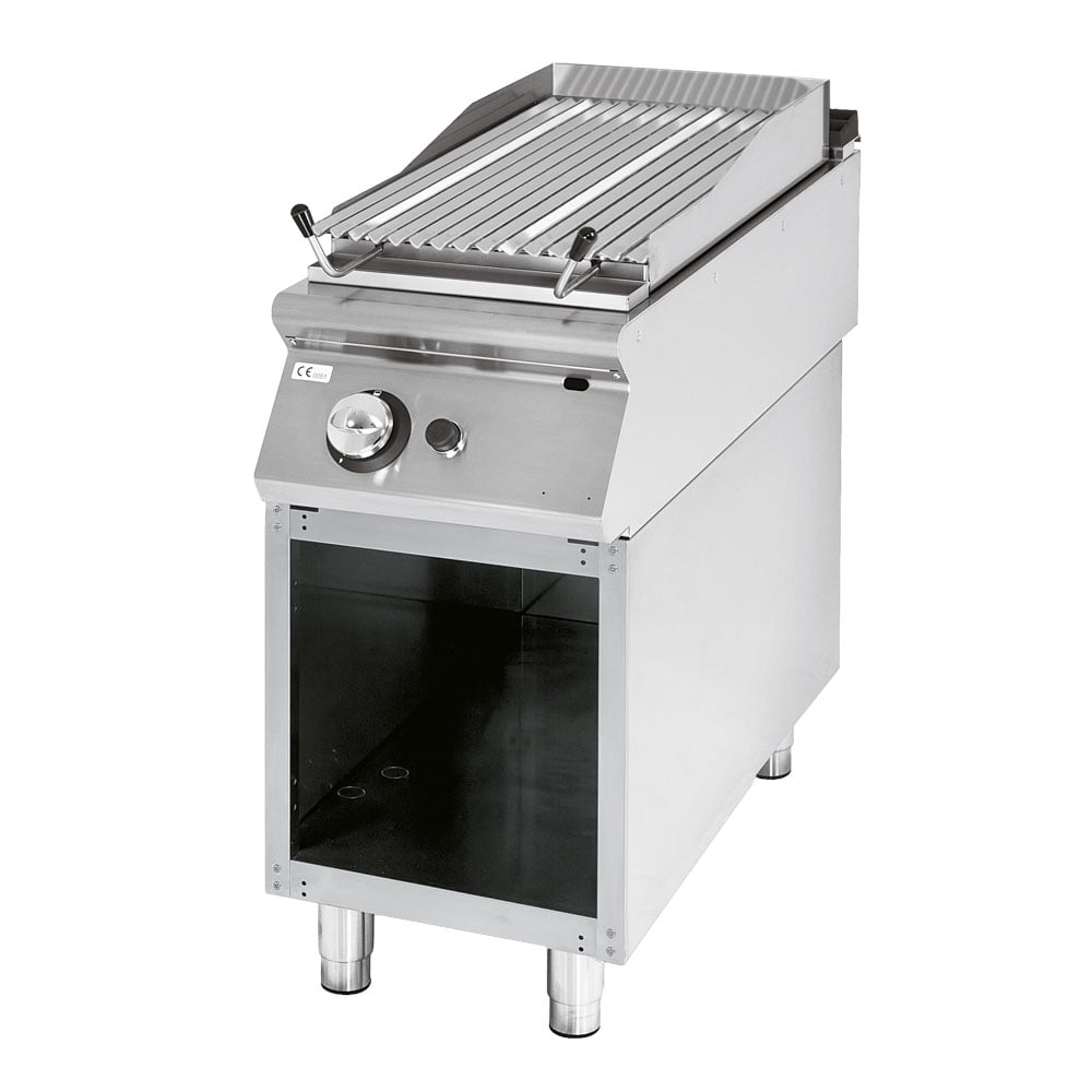 Gas lava-stone grill, cooking zone in stainless steel, meat/fish