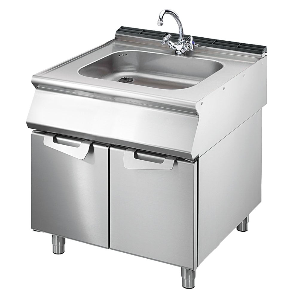 Sink on cabinet with doors