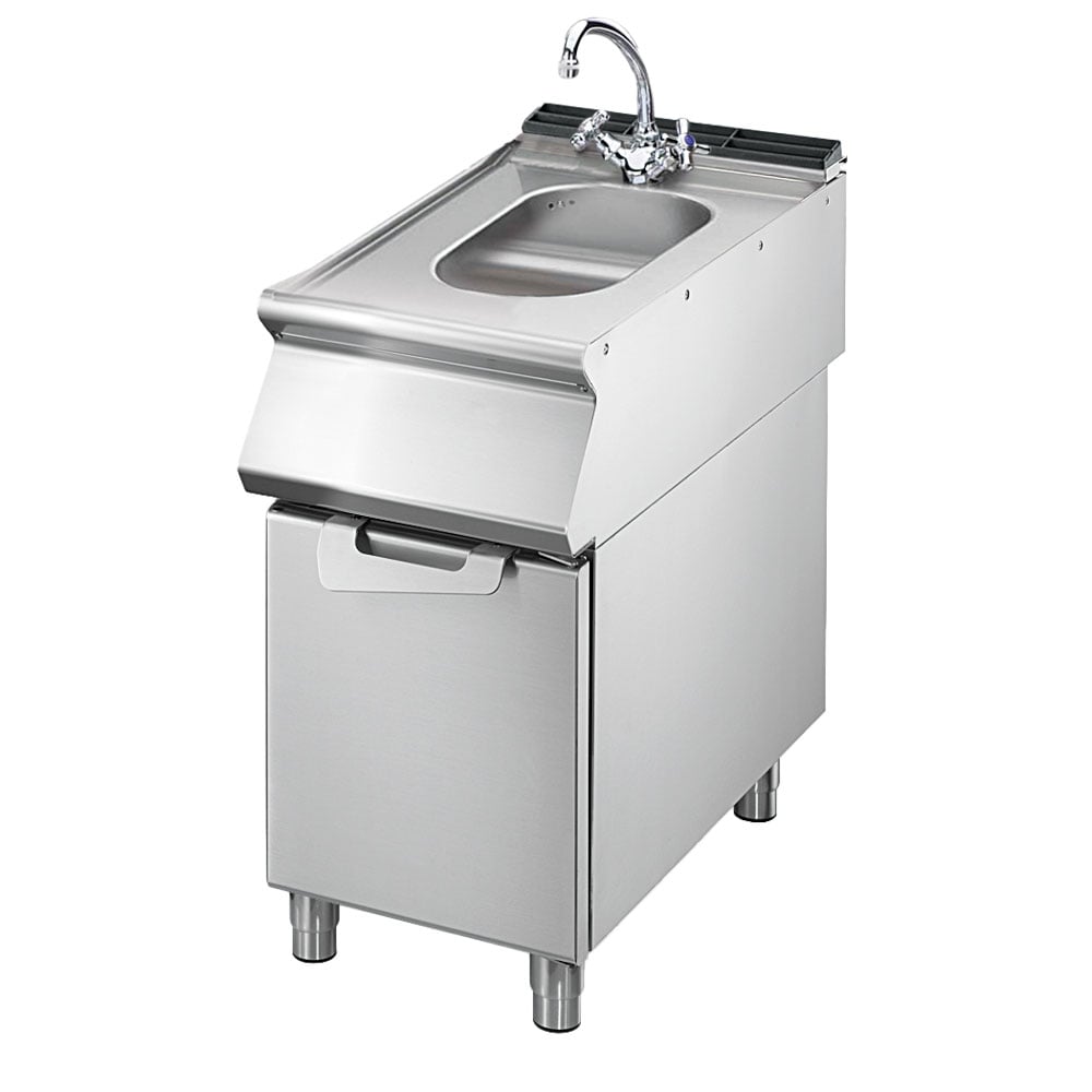 Sink on cabinet with doors