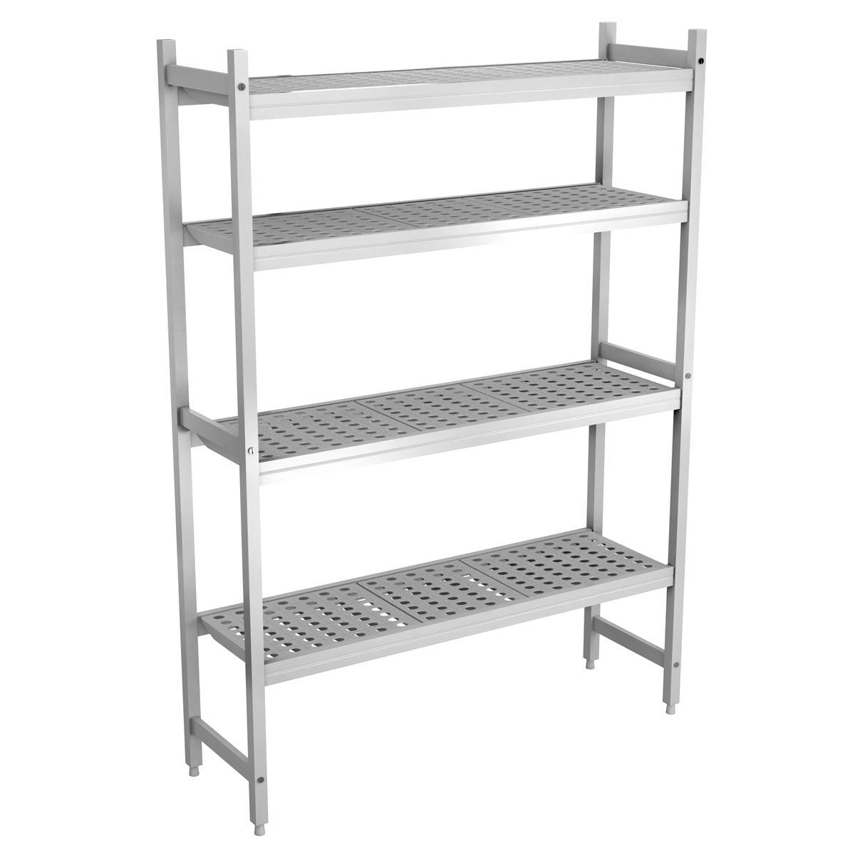 Raft din aluminiu - Modul de bază - 1190x360x(H)1685 mm - Adâncime: 360 mm - cu 4 polițe perforate - Capacitate: 90 kg/poliță (450 kg total)