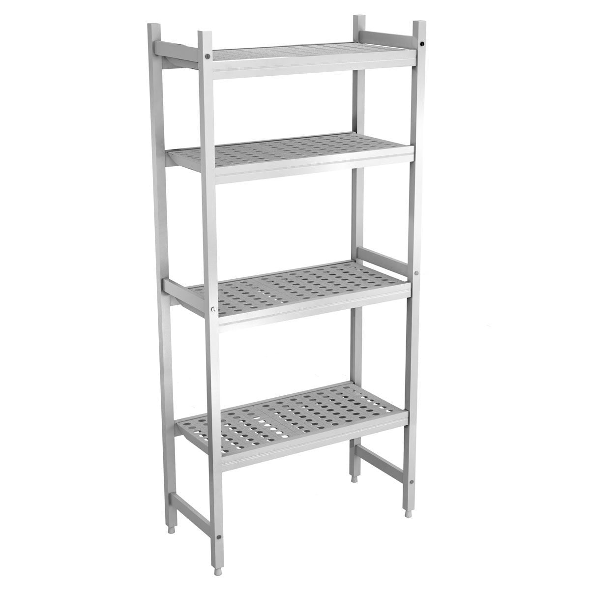 Raft din aluminiu - Modul de bază - 771x360x(H)1685 mm - Adâncime: 360 mm - cu 4 polițe pline - Capacitate: 90 kg/poliță (450 kg total)