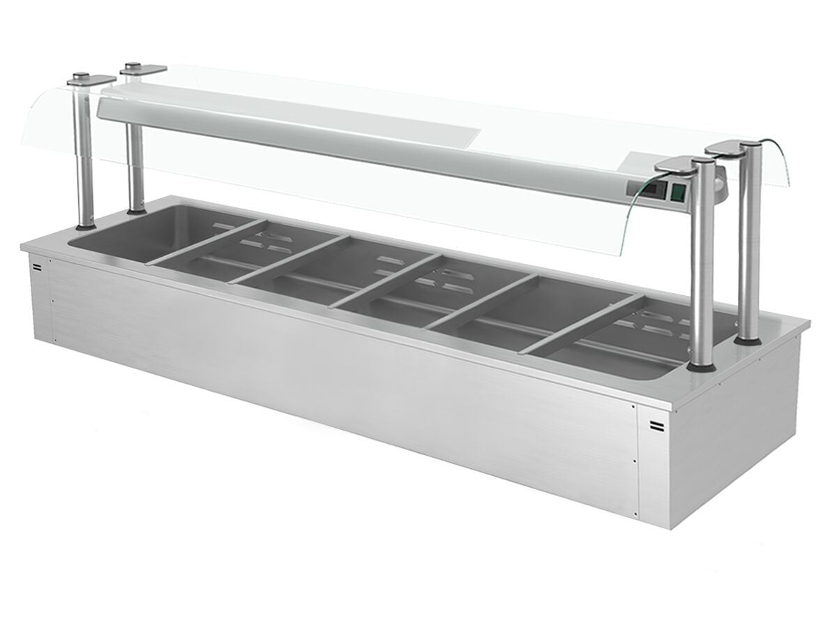 Bain-Marie de încastrat – 2100 mm – 6x GN 1/1 – 4,83 kW – cu paravan de protecție din sticlă