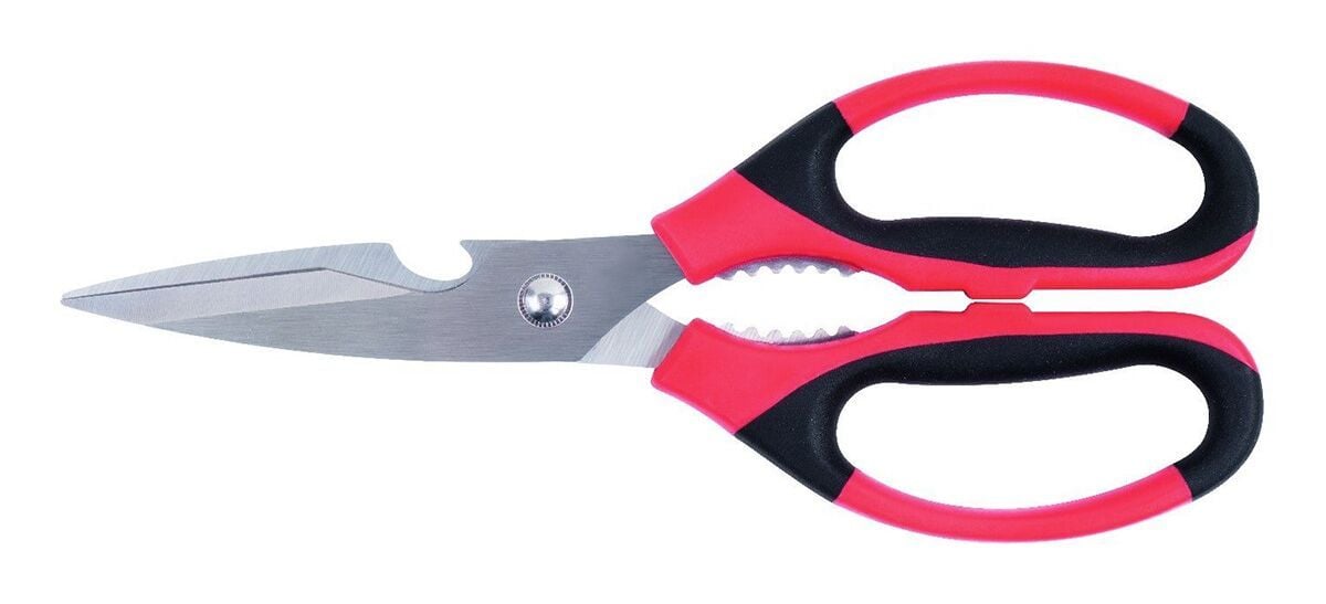 Foarfecă universală de bucătărie - 249 / 110 mm - din oțel inoxidabil - 2 funcții - cu deschizător de sticle, deschizător pentru capace filetate