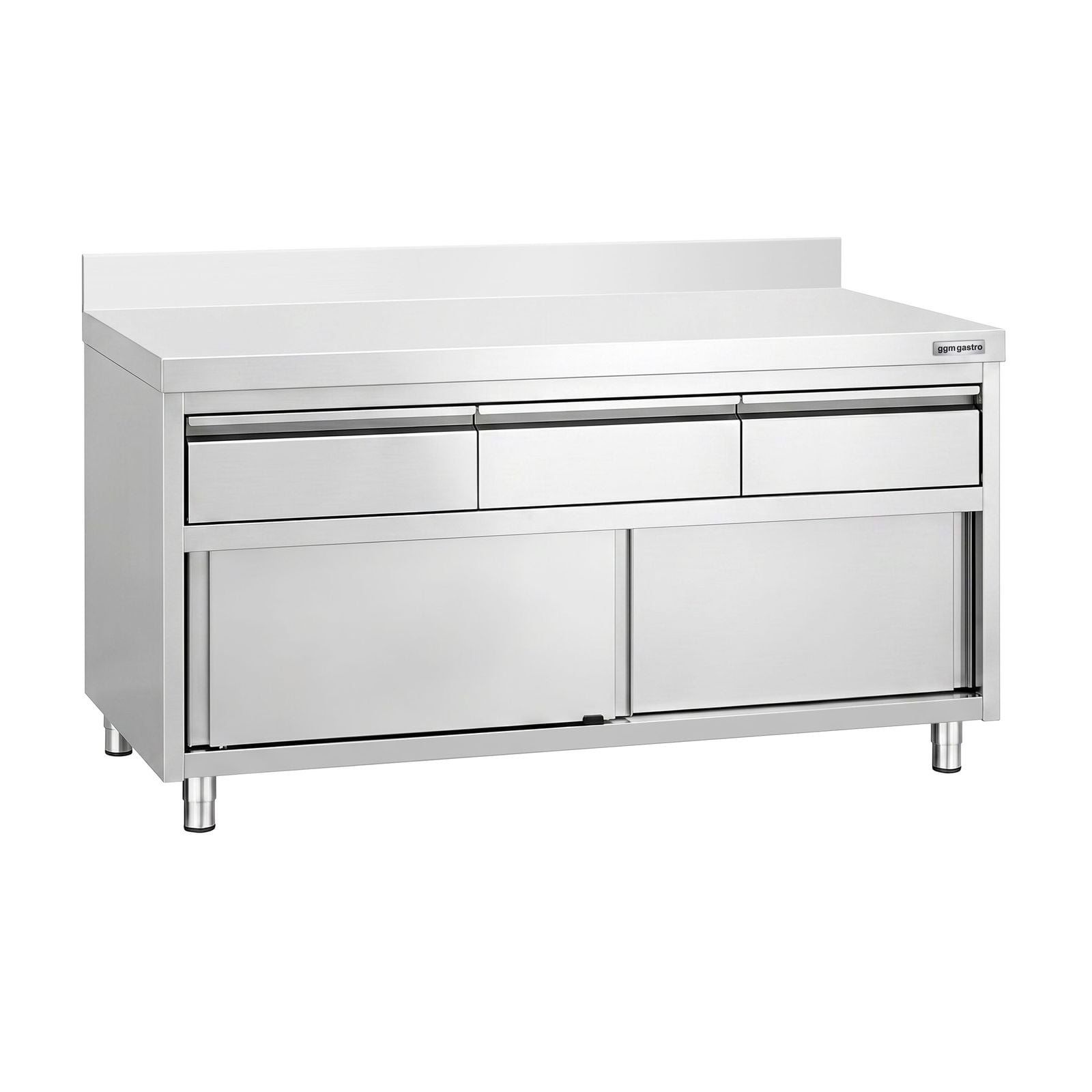 Masă de lucru tip dulap din oțel inoxidabil PREMIUM – 1600 x 600 mm – cu margine ridicată – cu 3 sertare și ușă glisantă
