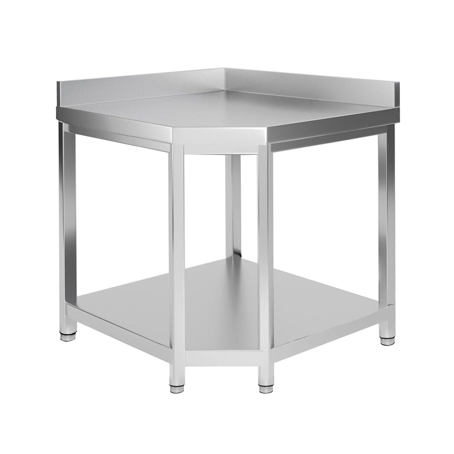 Masă de lucru din oțel inoxidabil de colț PREMIUM - 1000x700 mm - cu poliță inferioară & rebord & blat ranforsat