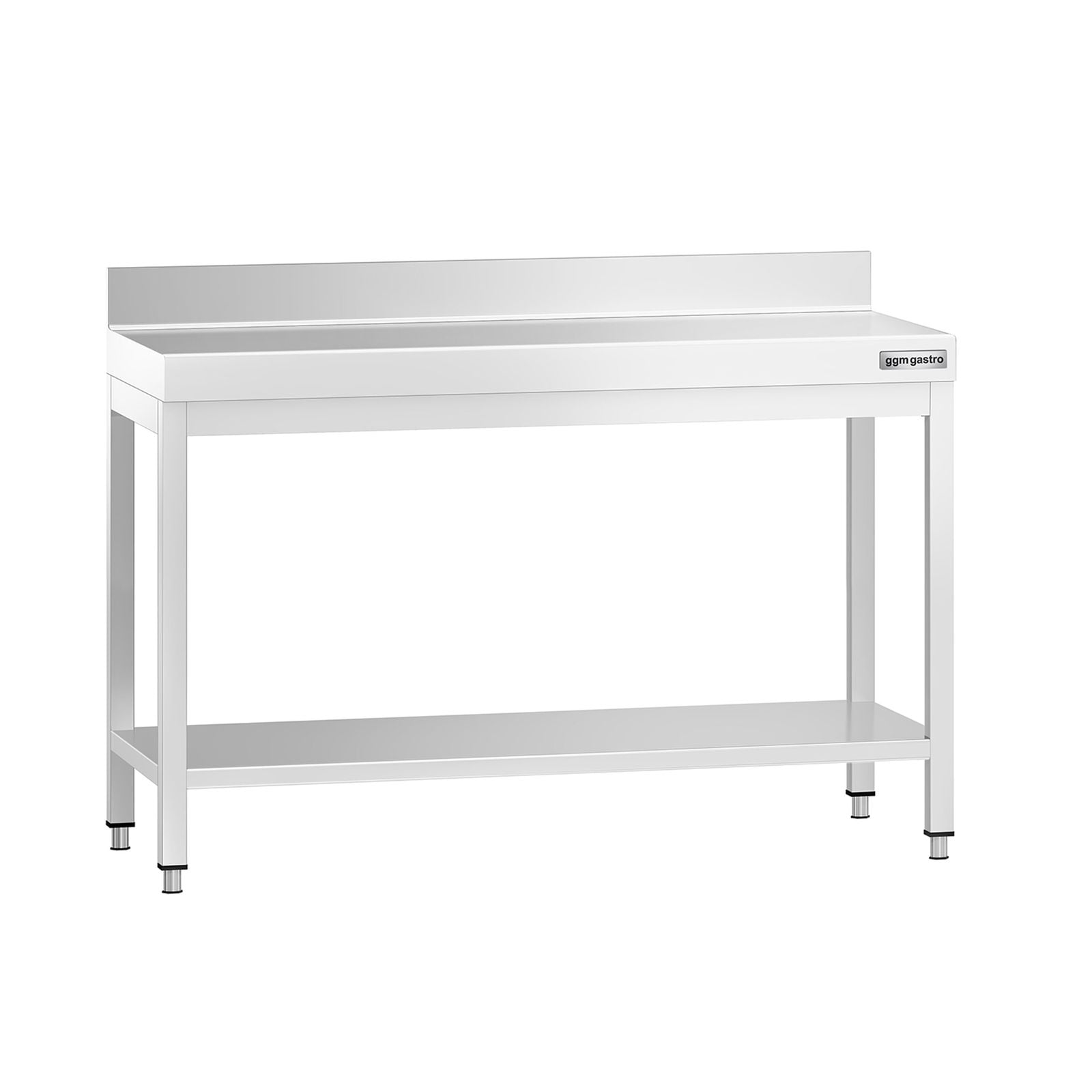Masă de lucru din oțel inoxidabil adosată PREMIUM - 1200x800 mm - cu poliță inferioară & rebord & blat ranforsat