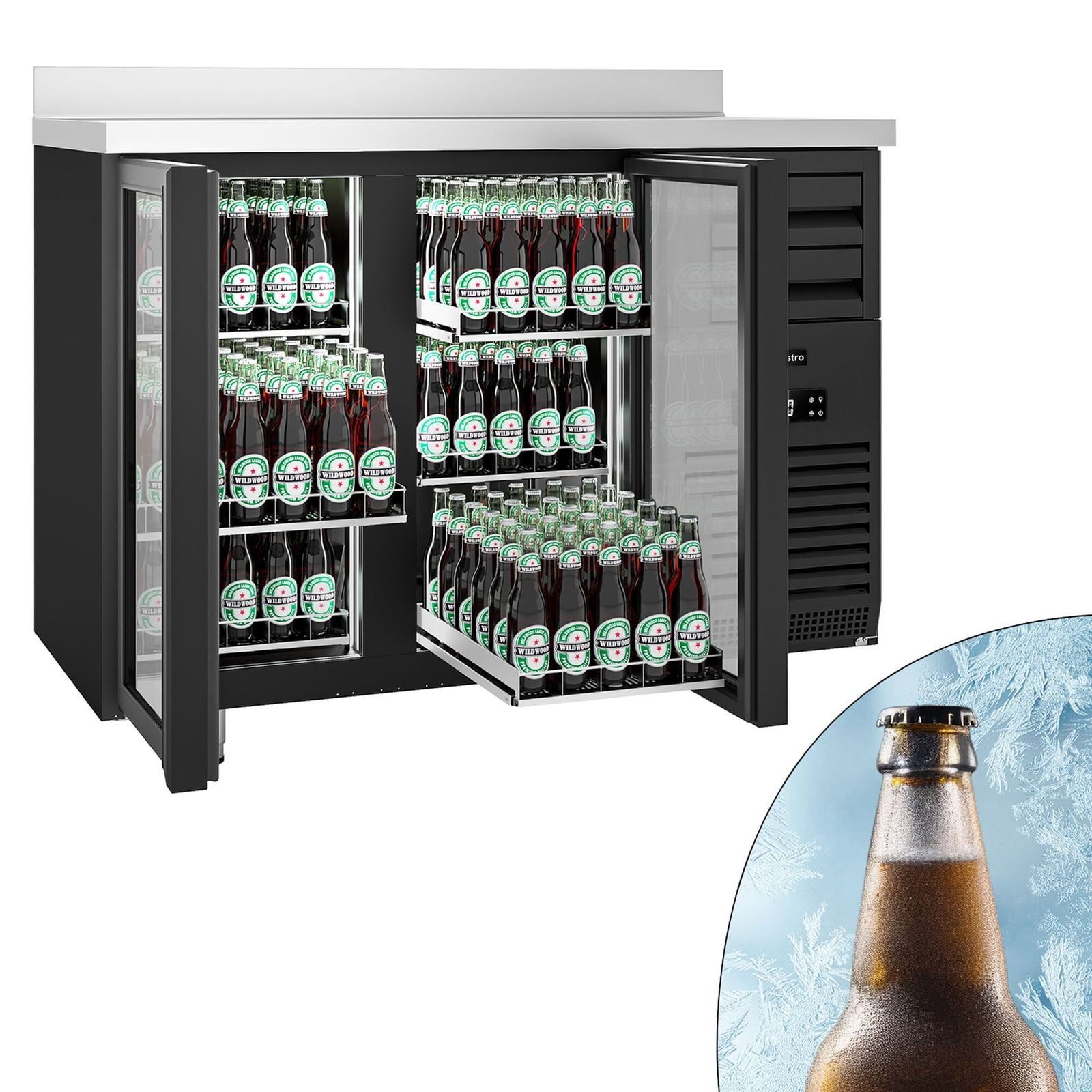Frigider Bar Profesional PREMIUM PLUS - SUPERCOOLER - 1475x700 mm - 440 L - 2 uși din sticlă, 6 sertare, bordură spate 40 mm, iluminare LED & încuietoare - negru