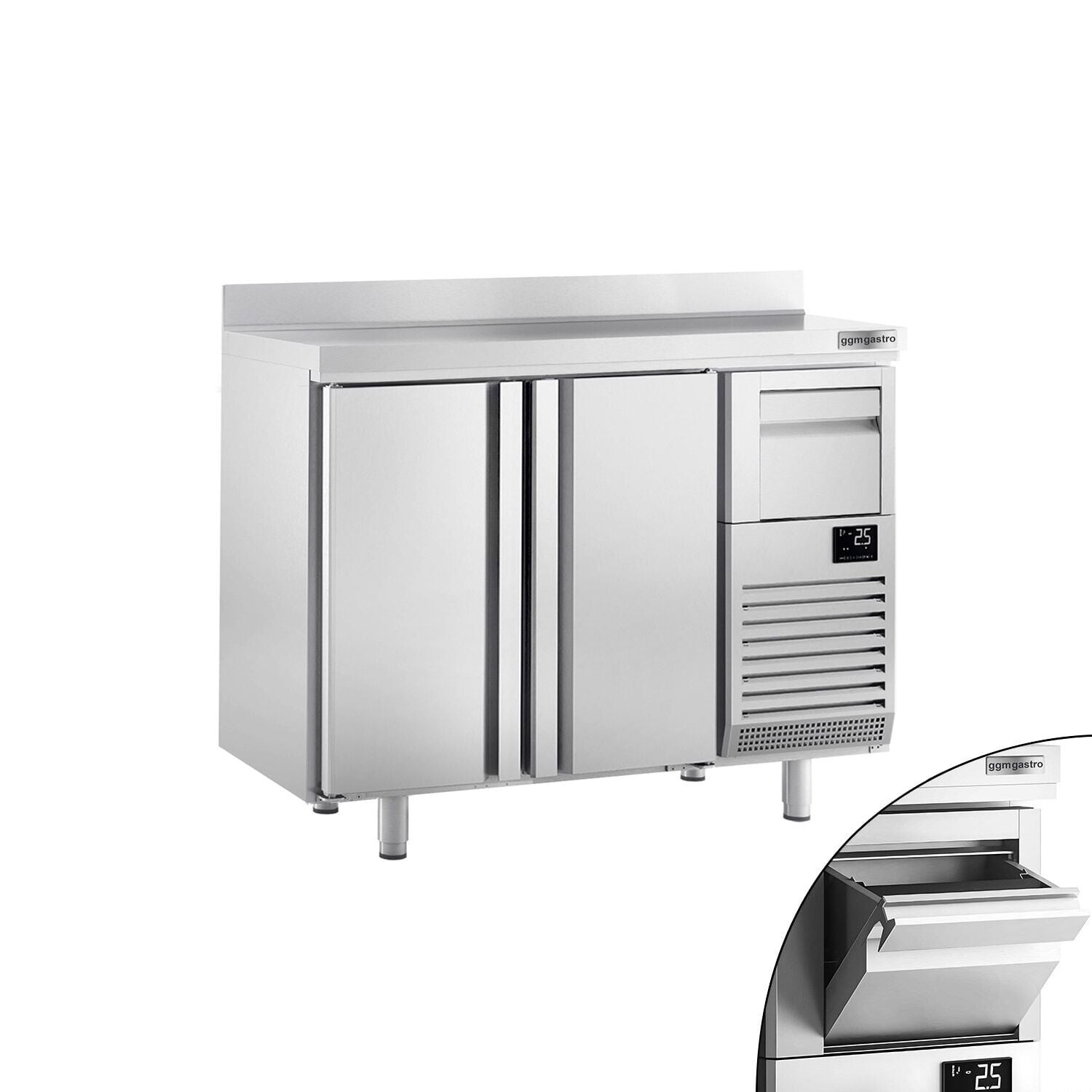 Frigider Bar Profesional PREMIUM PLUS - 1468x600 mm - 340 L - cu 2 uși pline, bordură spate 100 mm & sertar pentru zaț de cafea (knock box)