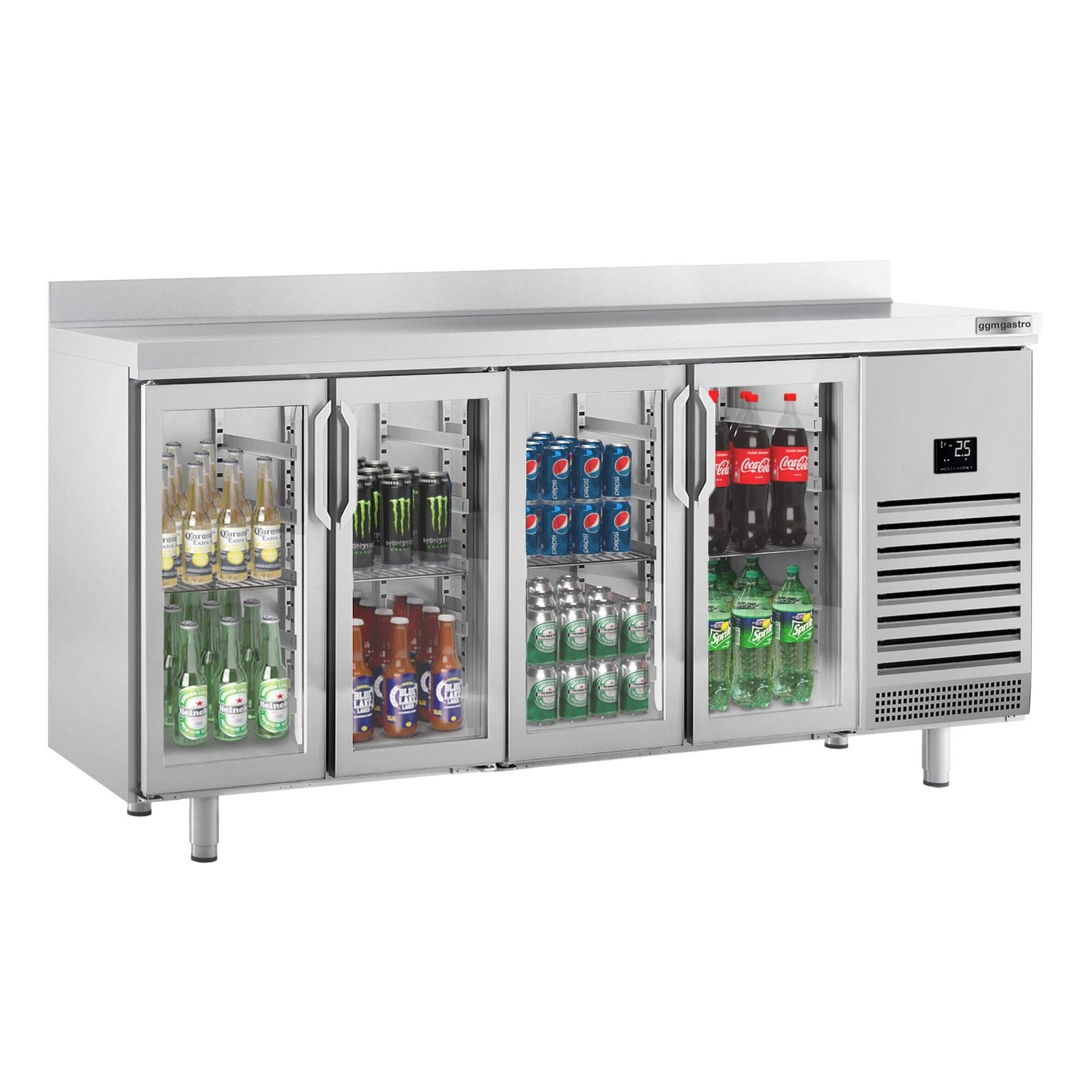 Masă frigorifică Premium PLUS – 2452 x 700 mm – cu 4 uși din sticlă și rebord
