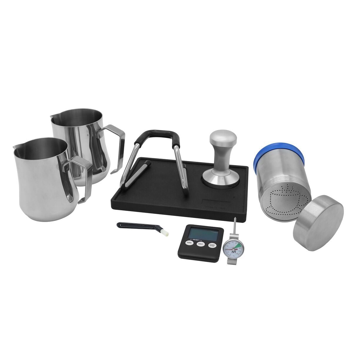 Set barista profesional - incl. 2 căni pentru lapte (latiere) 350 ml și 600 ml, presă de cafea (tamper) 58 mm, suport pentru tamper, perie pentru curățarea espressorului, timer digital, 3 șabloane latte art & termometru pentru lapte