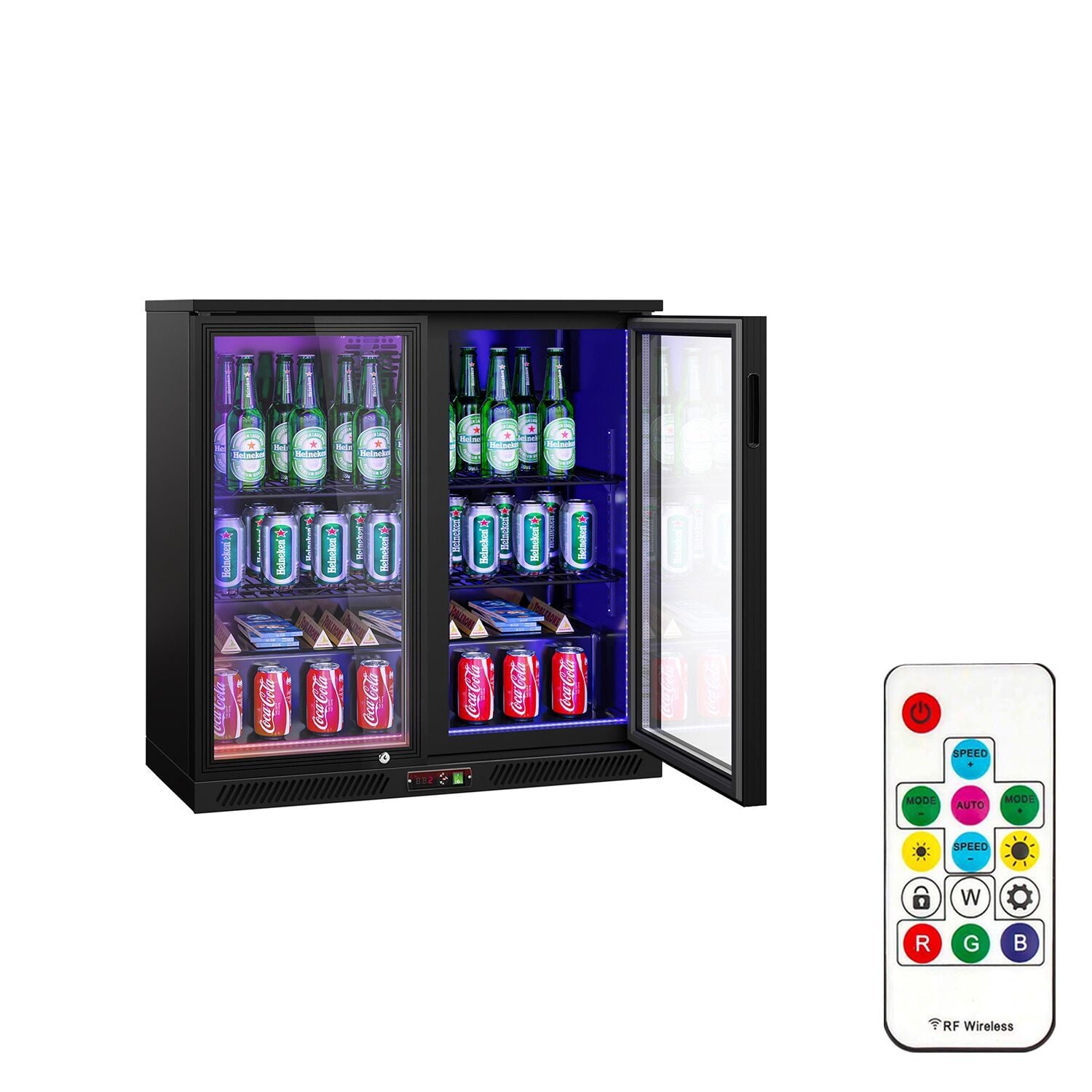 Frigider pentru bar – 900 mm – 220 litri – cu 2 uși batante din sticlă – exterior și interior negru