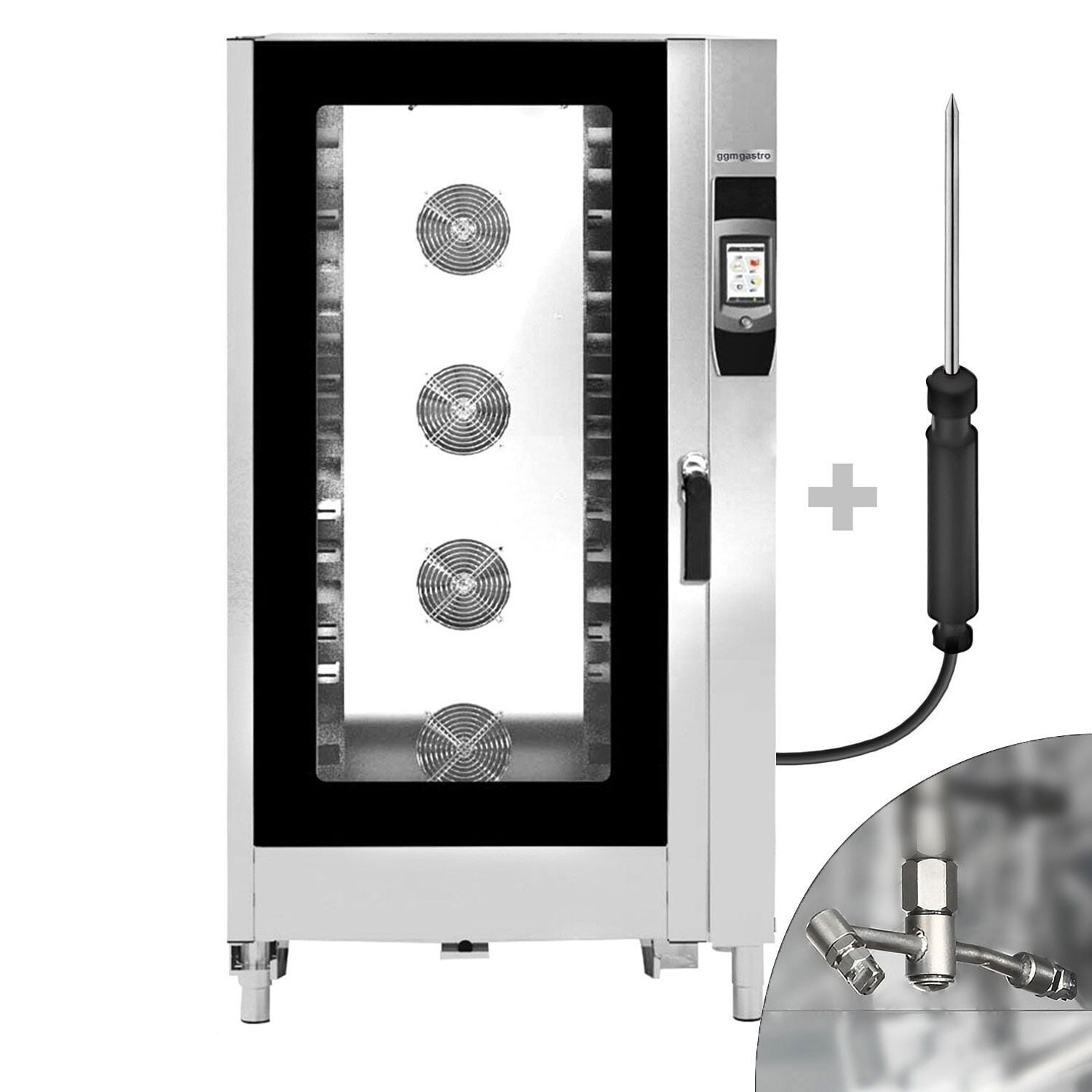 Cuptor convecție abur - Touchscreen - Ecran tactil de 7″ - 20x GN 1/1 - incl. Sistem de spălare & Sondă de temperatură - incl. Cărucior pentru tăvi