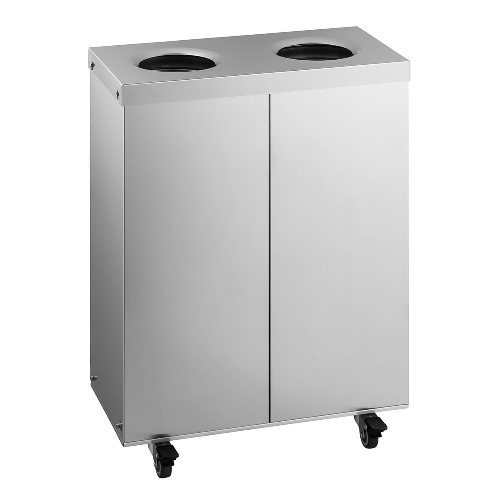 Sistem colectare selectivă - pe roți - 2 compartimente a câte 25 litri - 500x250x720 mm - cu 2 coșuri interioare detașabile, 4 roți (2 cu frână), set autocolante pentru hârtie, plastic, resturi & bio - oțel inoxidabil
