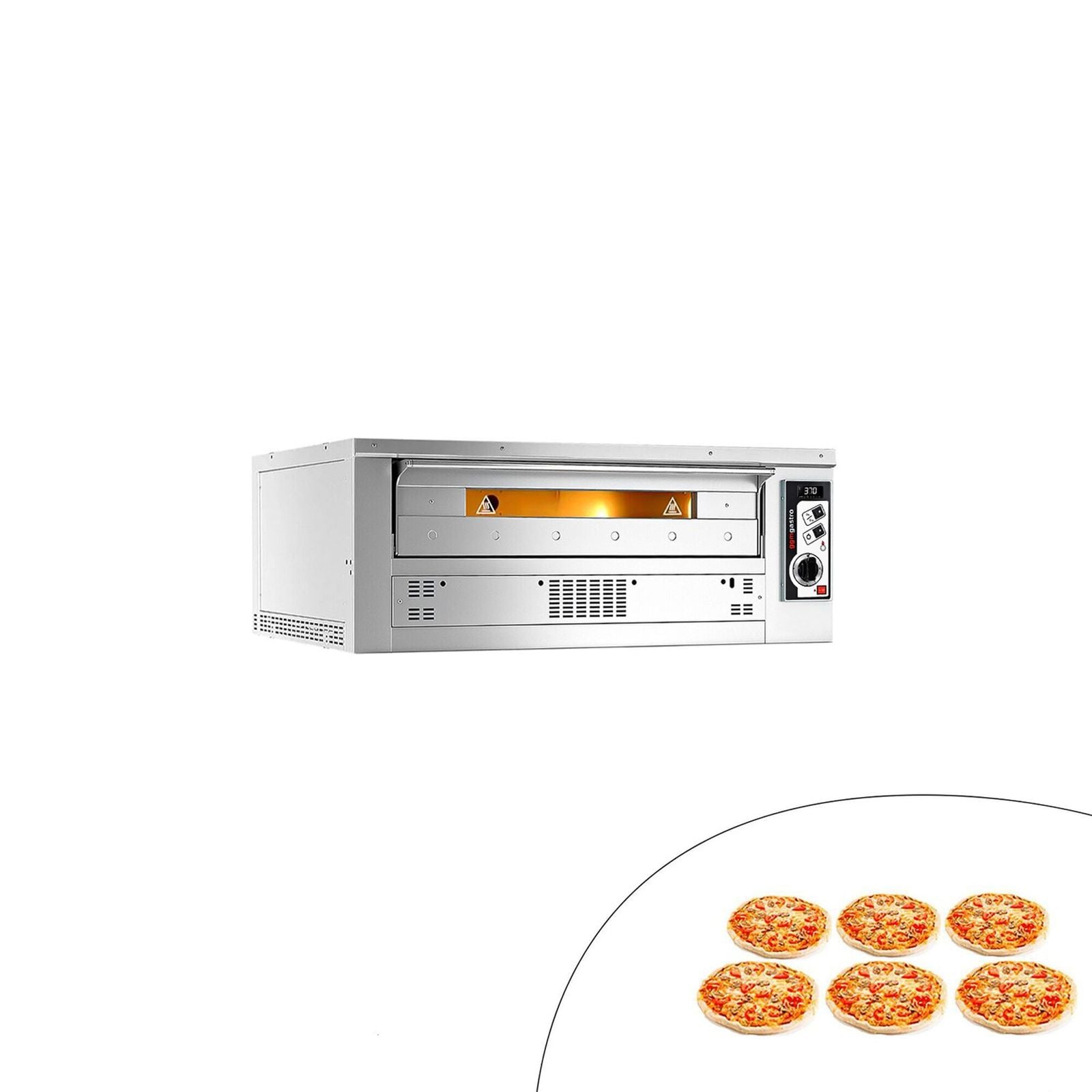 Cuptor pizza pe gaz (vatră din șamotă) - 1450x1180x560 mm - 6 x Ø 33 cm - până la 370 °C - Control manual (analogic)