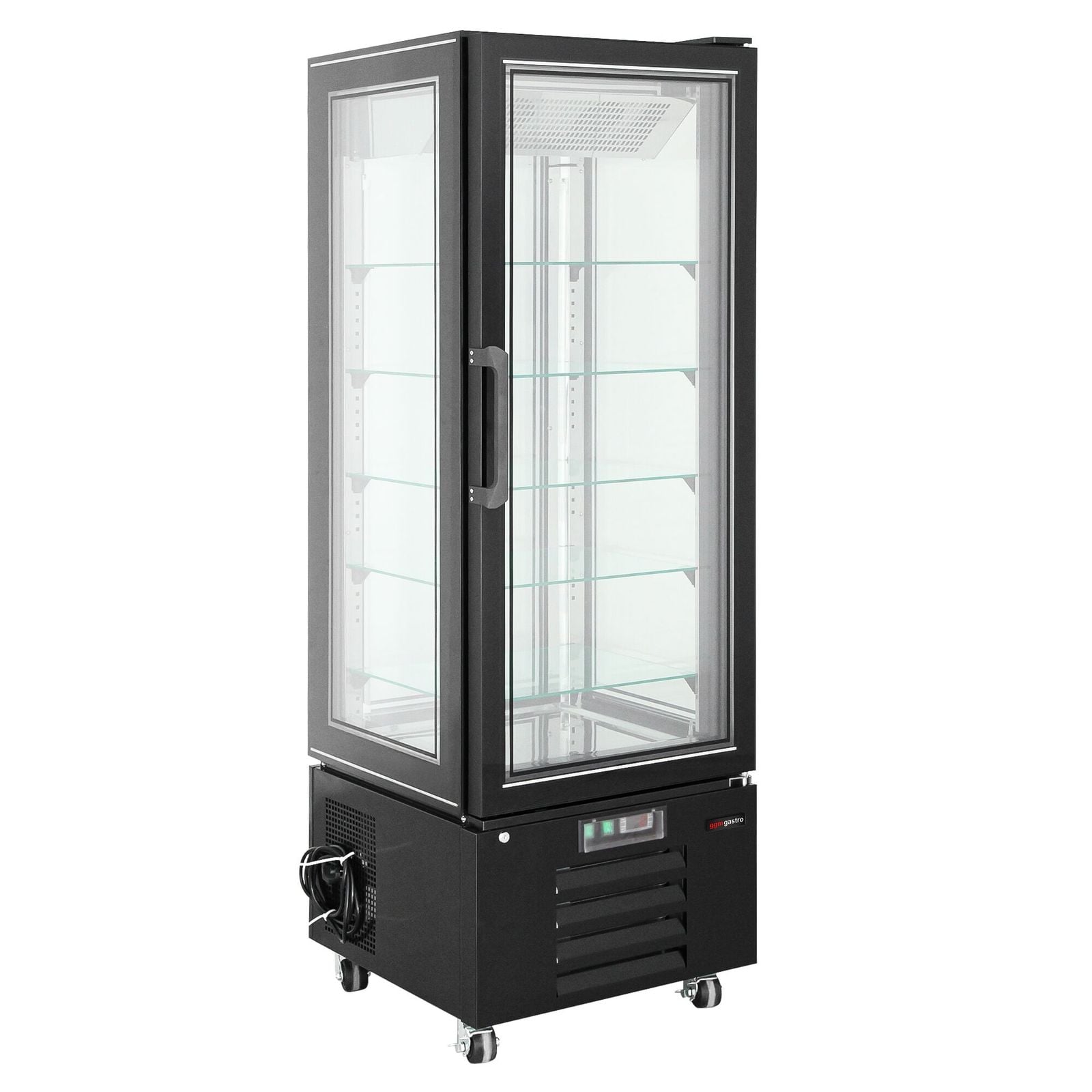Vitrină panoramică - 248 litri - 650 mm - 1 ușă din sticlă - geam drept - cu 5 rafturi - iluminare LED - negru