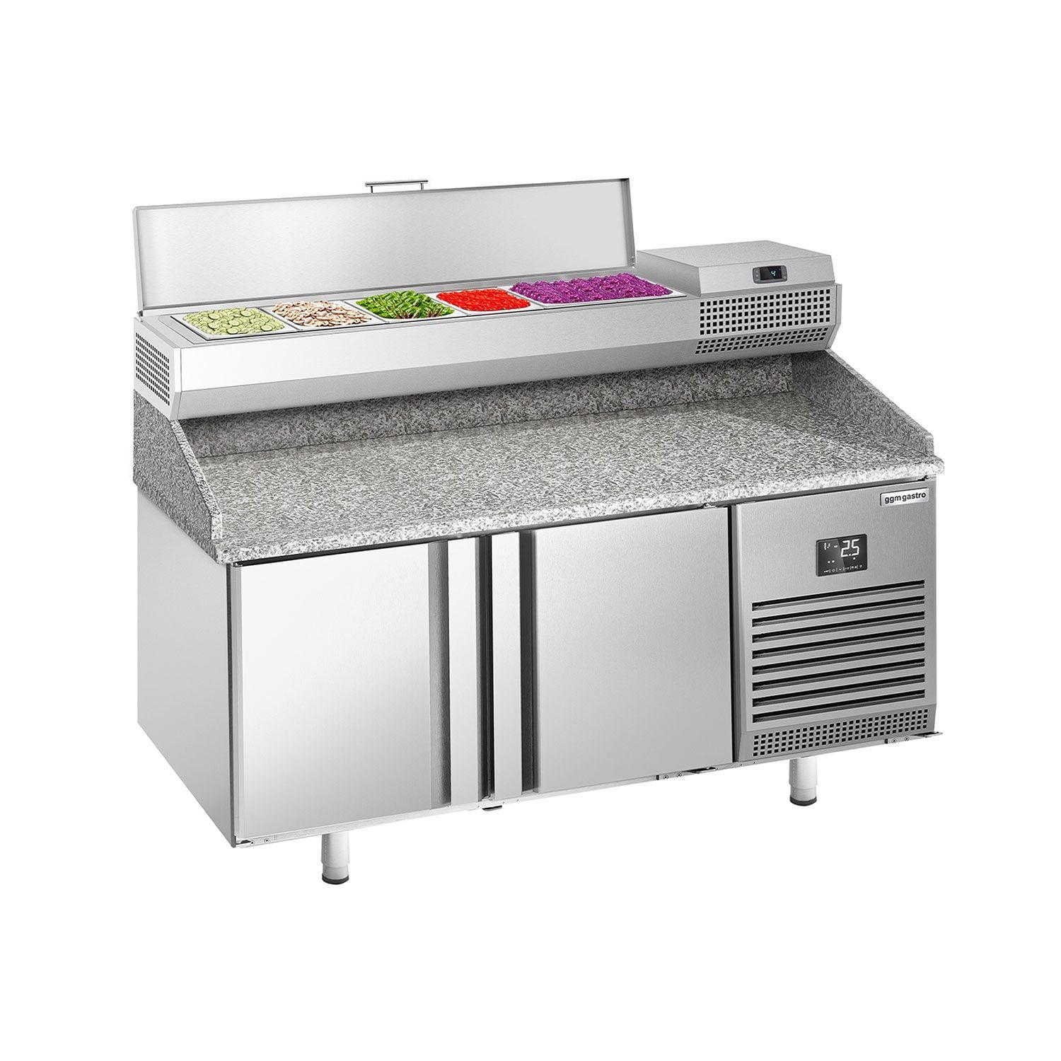 Masă frigorifică pentru preparare pizza PREMIUM PLUS - cu blat din granit - 1490x700 mm - cu 2 uși - cu vitrină de ingrediente - 6x GN 1/4