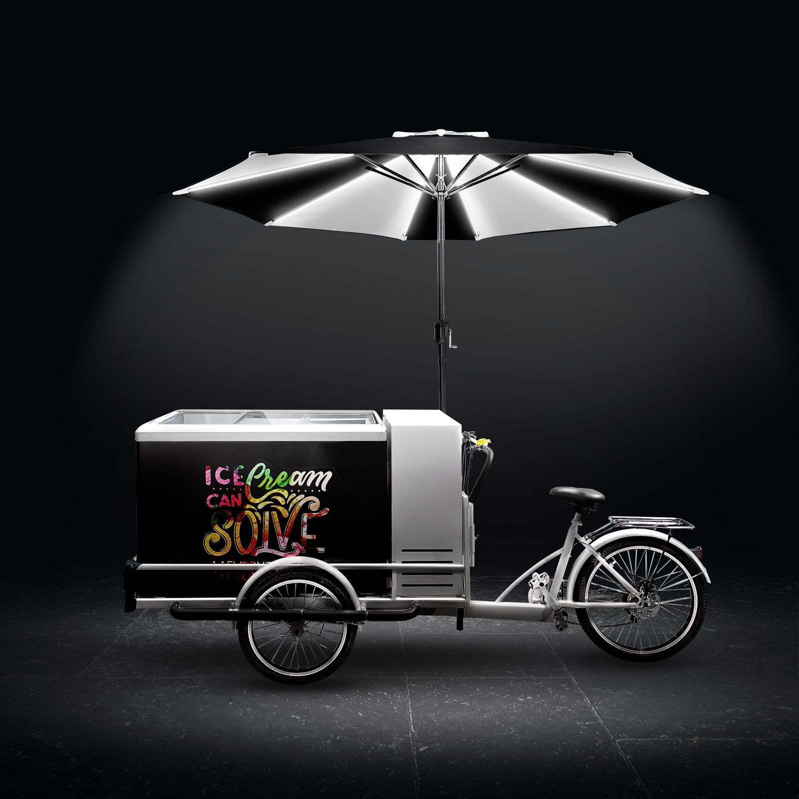 Bicicletă pentru înghețată - statică - cu umbrelă cu LED - pentru 7x cuve de 5 litri pentru înghețată