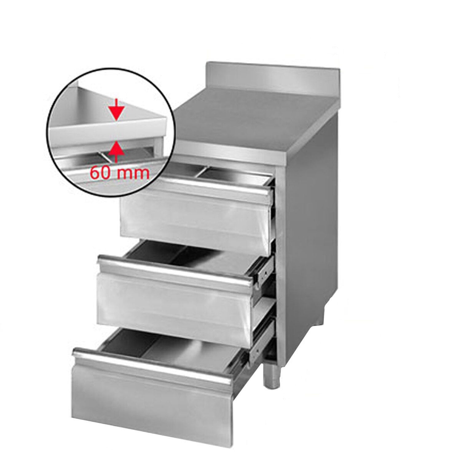Masă tip dulap PREMIUM - oțel inoxidabil - cu 3 sertare - cu rebord - 500x600 mm