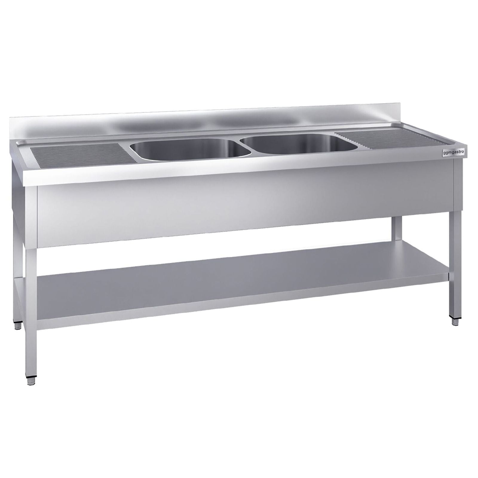 Chiuvetă profesională PREMIUM - 2000x600 mm - cu poliță inferioară - cu 2 cuve