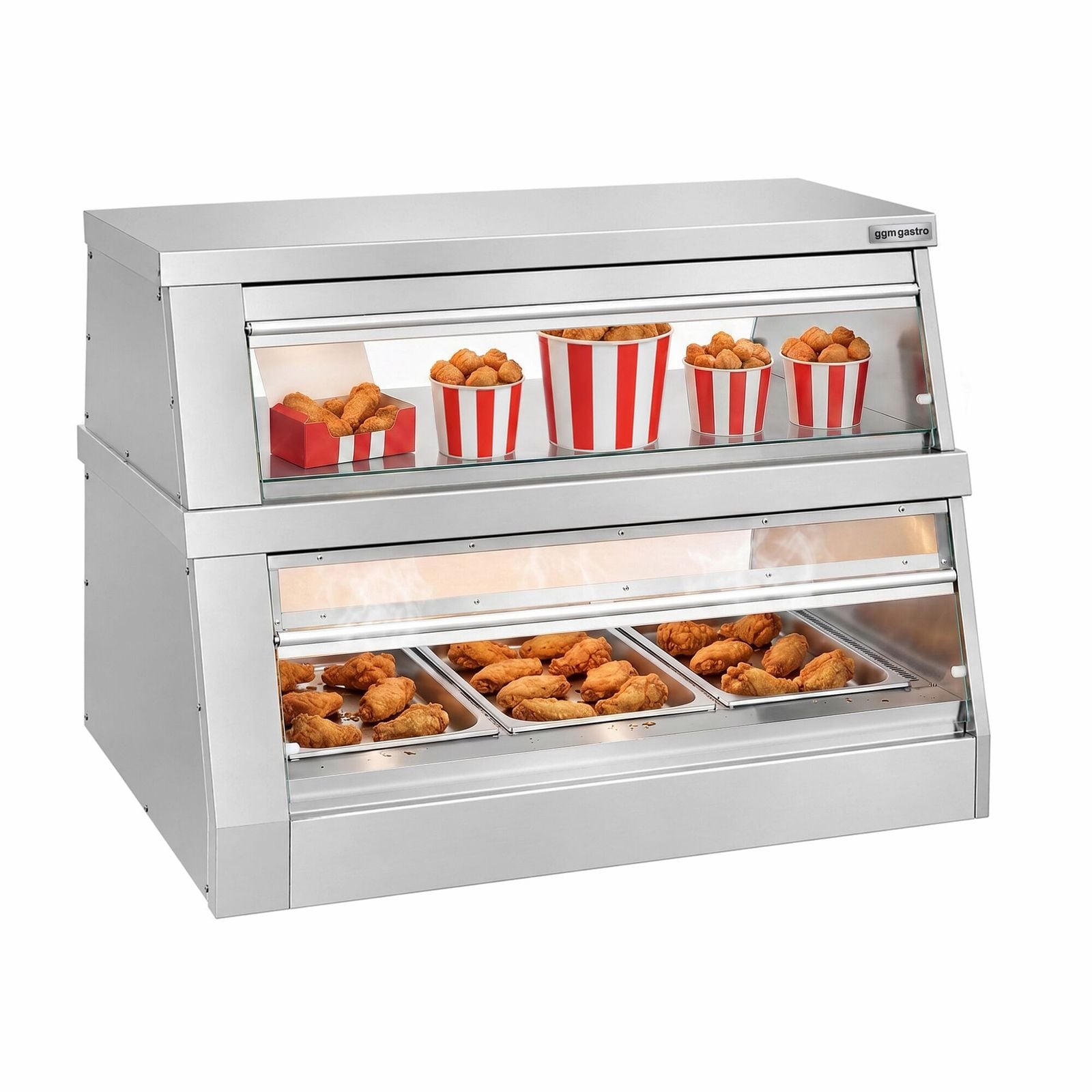 Vitrină de menținere a căldurii – 1200 mm – 3,5 kW – pentru 3 tăvi GN 1/1 – 2 rafturi – cu comandă separată