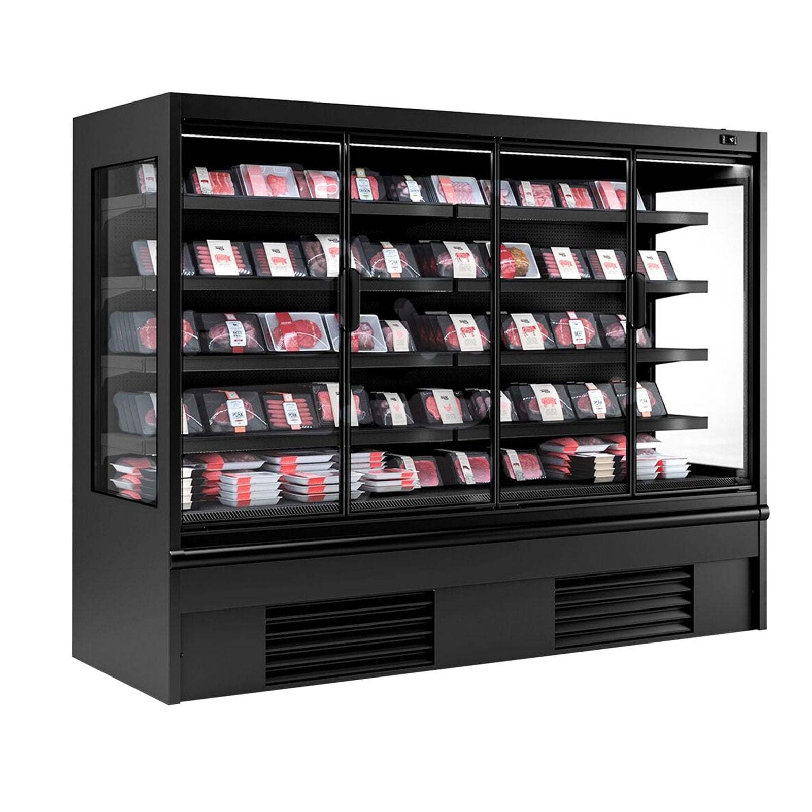 Raft frigorific - 2580 mm - 910 litri - +2°C/+4°C - cu 4 uși din sticlă cu geam dublu uși cu balamale & 4 polițe - negru