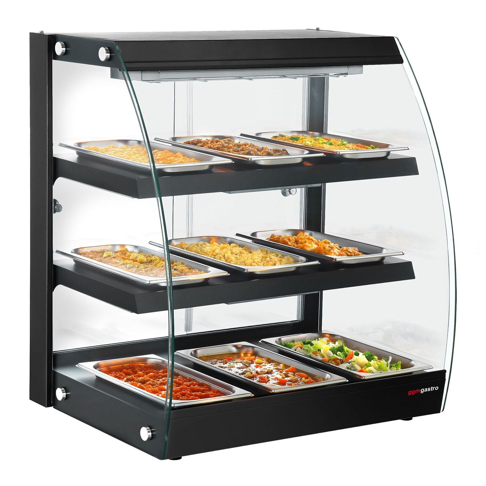 Vitrină caldă de banc - 648 mm - 1,16 kW - cu 3 rafturi - negru