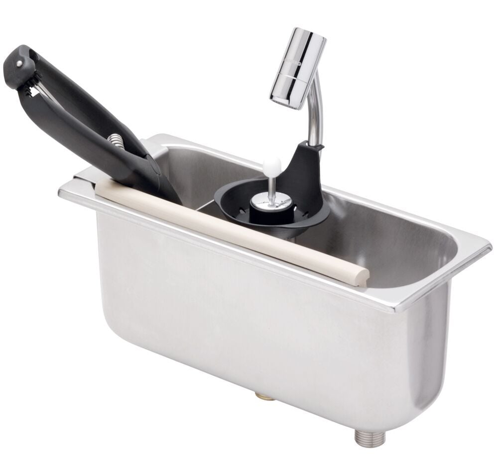 Dispozitiv clătire porționator înghețată  - 269x110x115 mm - cu supapă antiretur - incl. tavă sită, țeavă preaplin, profil de lovire, suport de scurgere pentru porționator