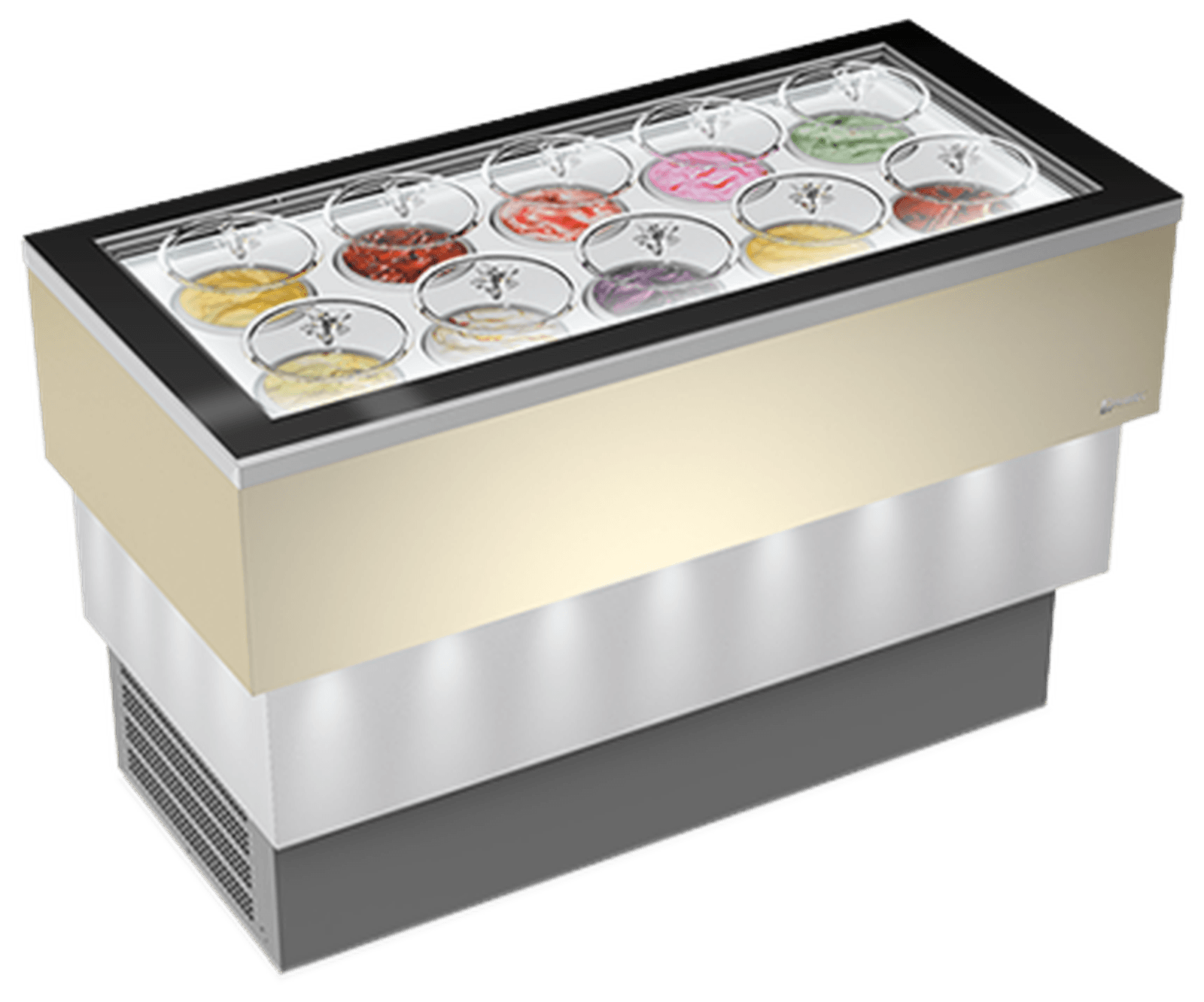 Vitrină frigorifică profesională pentru înghețată Mondial Framec seria CARRARA CREAM TOTAL GLASS (-20°C -5°C), Italia