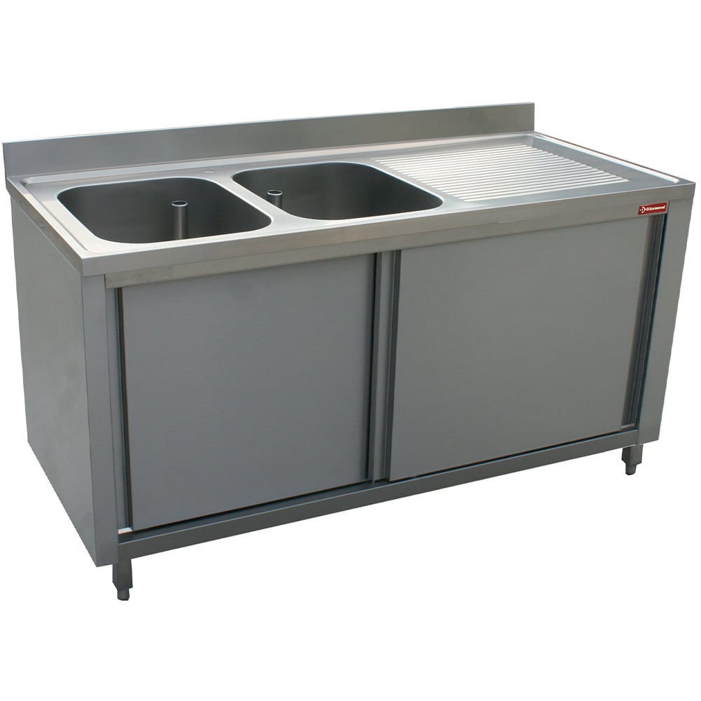 Sink 2 tanks 400x500xh275, right draining board on cupboard with 2 sliding doors