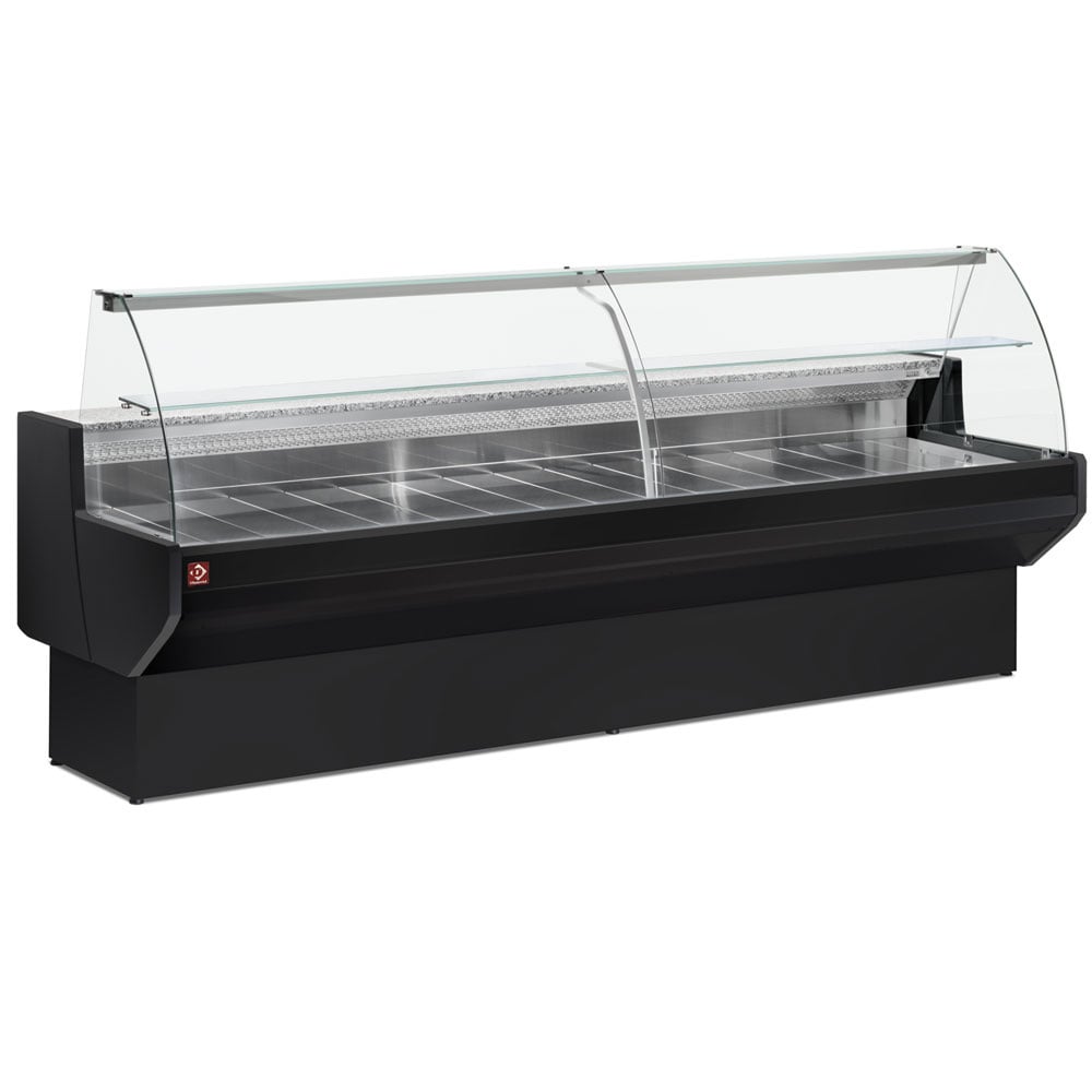 Refrigerated display counter, curved glass with storage space - BLACK – Model expus
