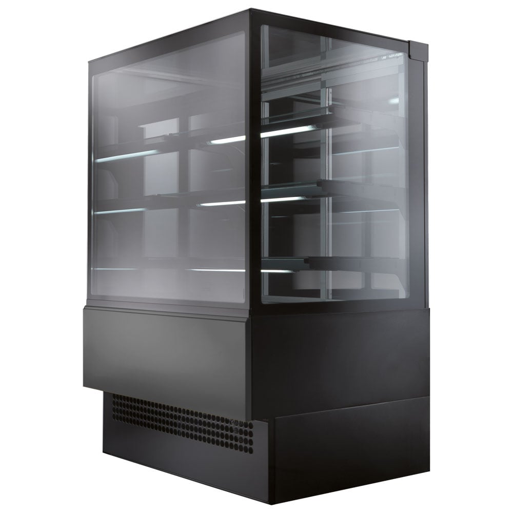 Hot display counter with 3 shelves and vertical front glass, ventilated, l=1805 mm - RAL9005