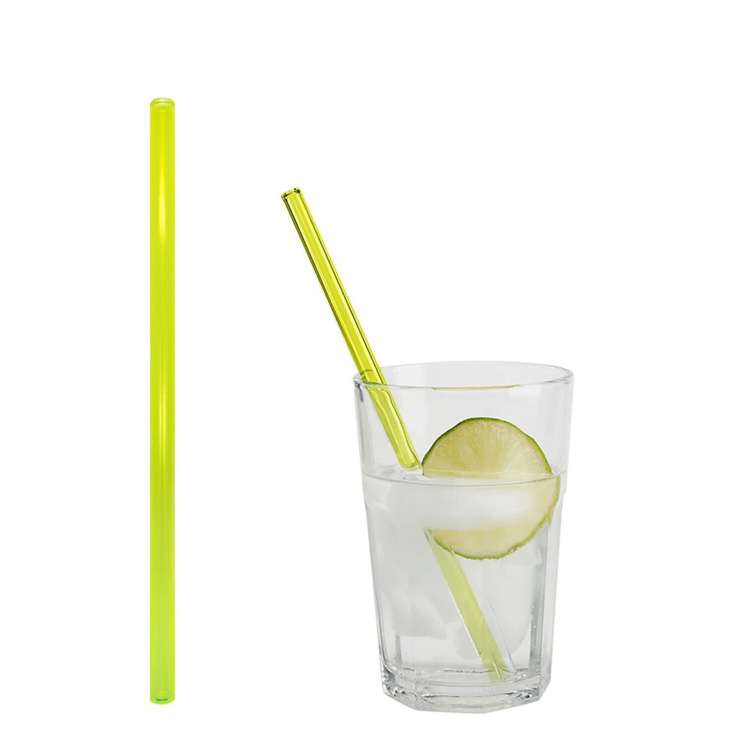 (50 buc) Paie de băut din sticlă reutilizabile - drept - 200 mm - ø 8 mm - neon galben - incl. 1 nailon Perie curățare