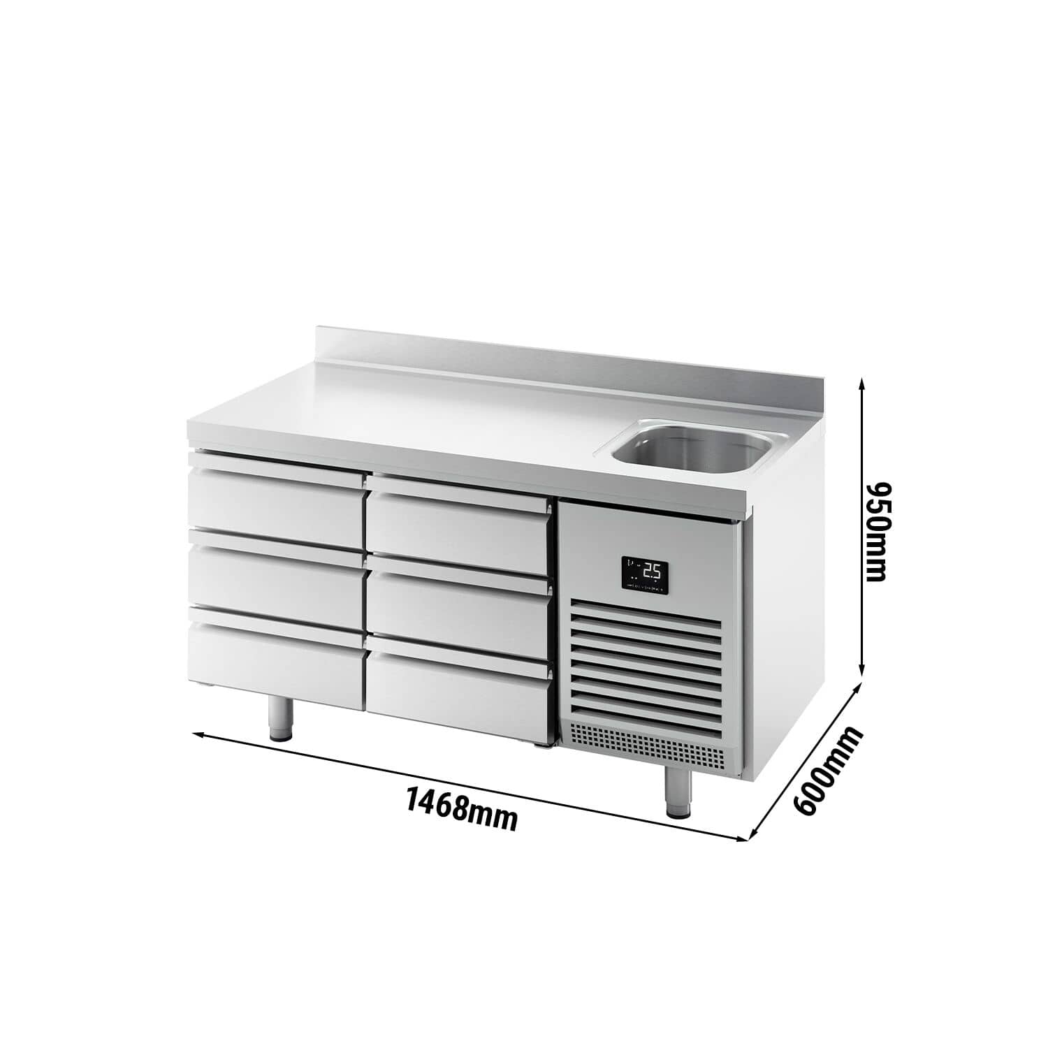 Masă frigorifică PREMIUM PLUS - 1468x600 mm - 250 L - cu 1 cuvă - cu 6 sertare - bordură - blat lucru — 3