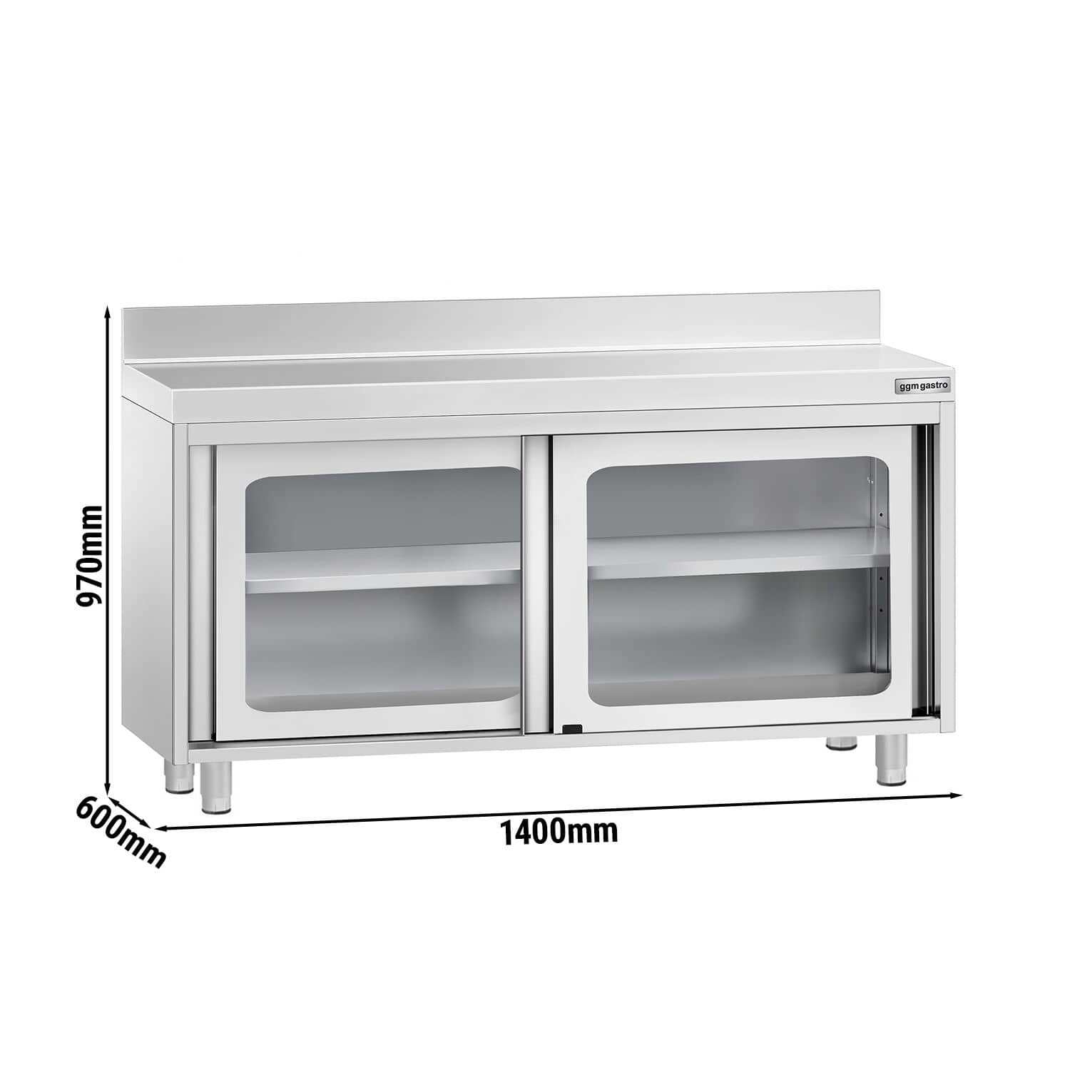 Masă de lucru tip dulap din oțel inoxidabil PREMIUM - 1400x600 mm - uși glisante din sticlă - cu rebord — 3